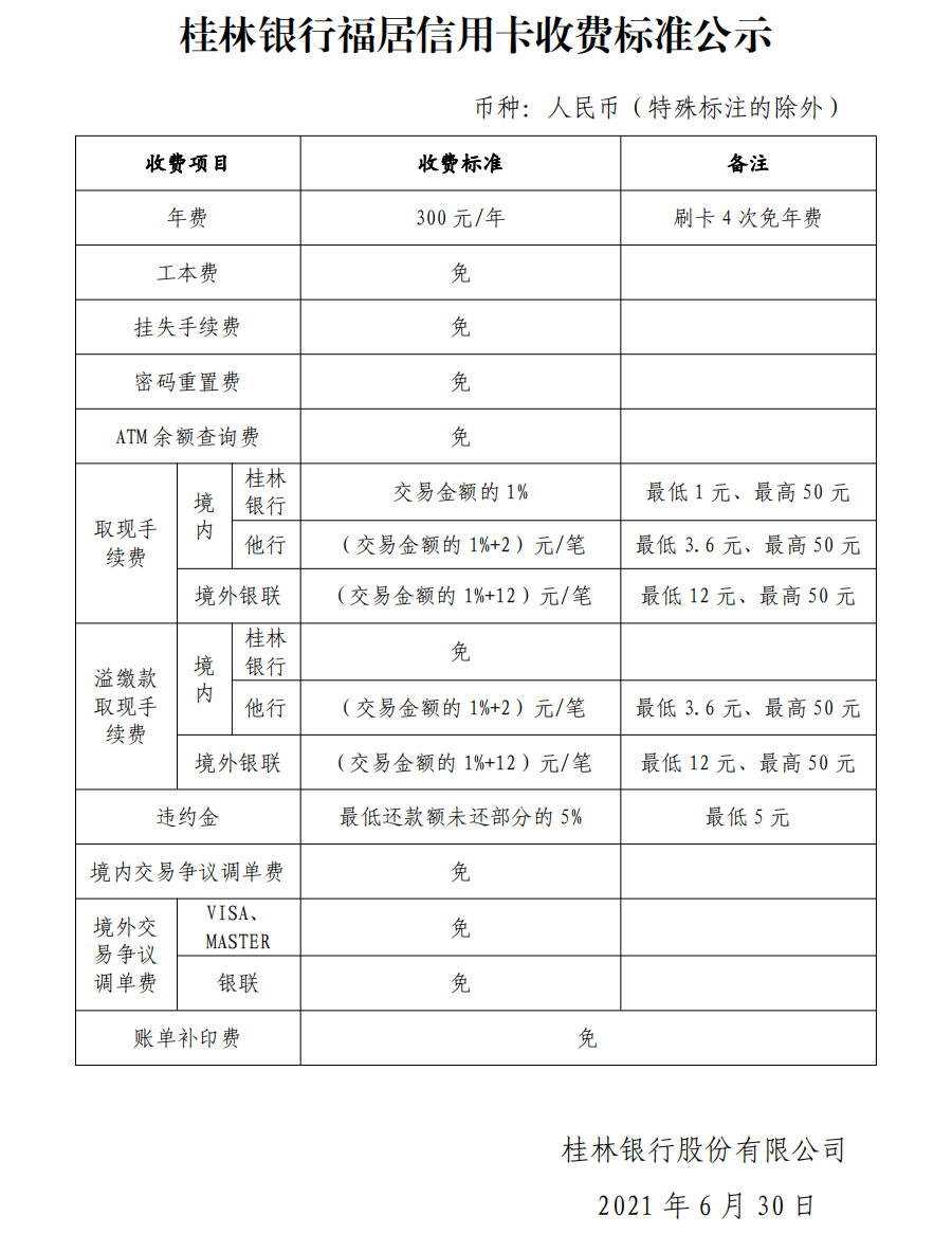 桂林银行福居信用卡收费标准公示