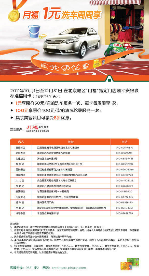[北京]平安信用卡月福 1元洗车周周享 ,卡宝宝网