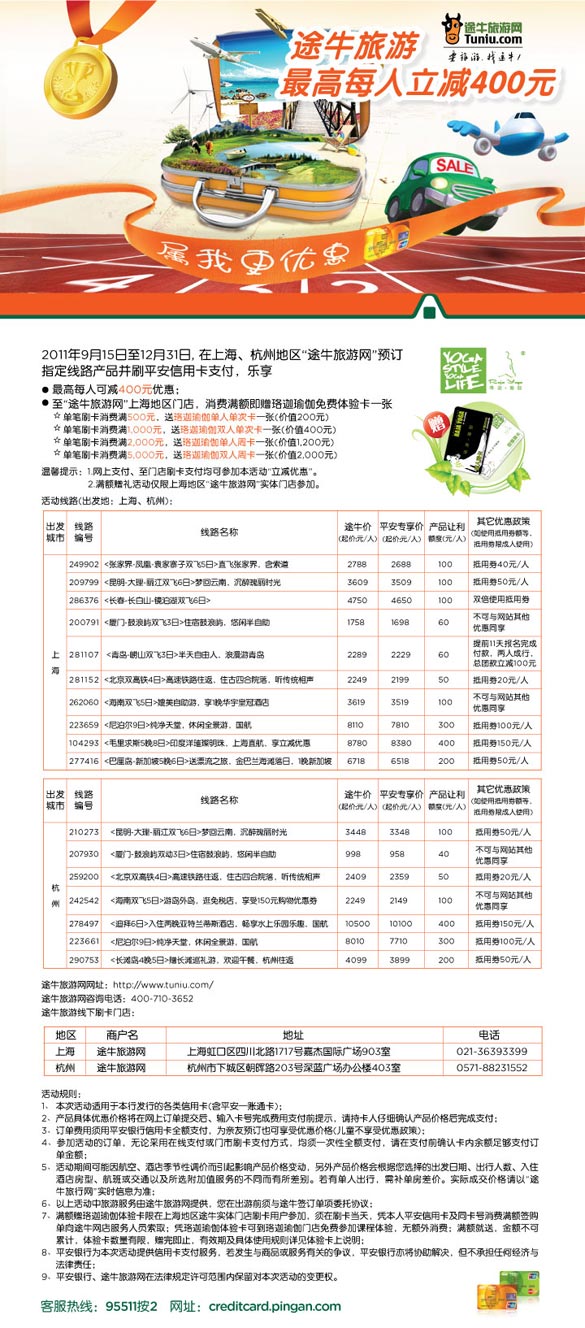 [上海 杭州]平安银行信用卡途牛最高每人立减400，卡宝宝网